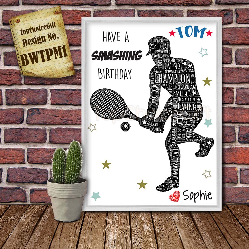 PERSONALISED Squash Tennis Player Present Print Birthday greeting gift BWTPM1